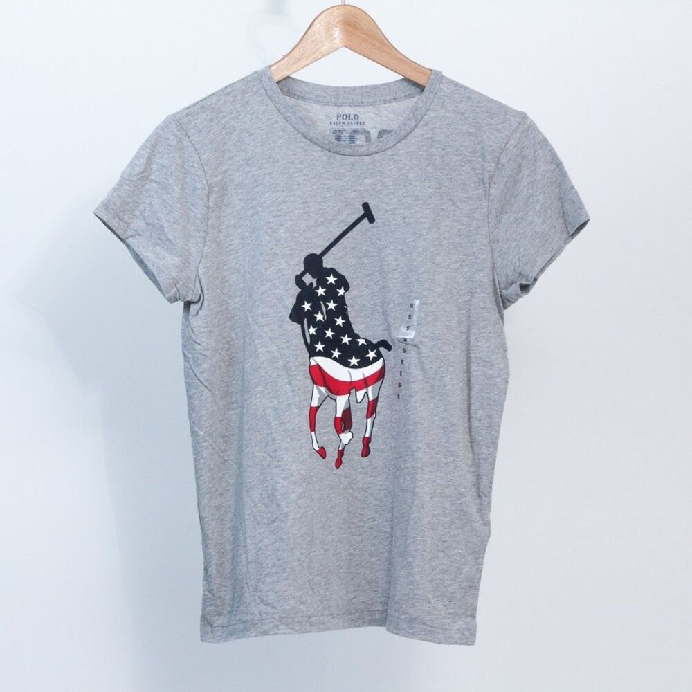 NWT Polo Ralph Lauren USA FLAG BIG PONY LOGO Women’s Gray Cotton T-Shirt, Small